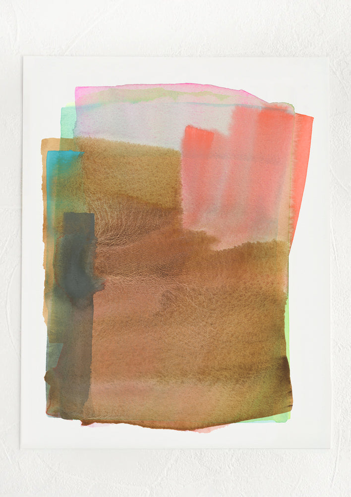 A watercolor abstract art print in shades of brown, pink and green.