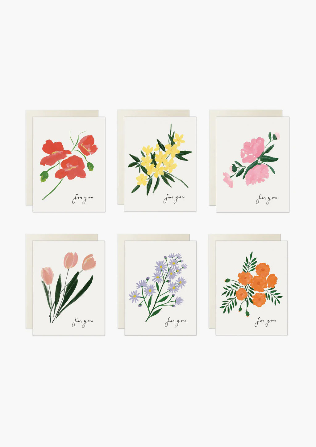2: A set of white greeting cards in assorted floral prints with text at corner reading "for you".