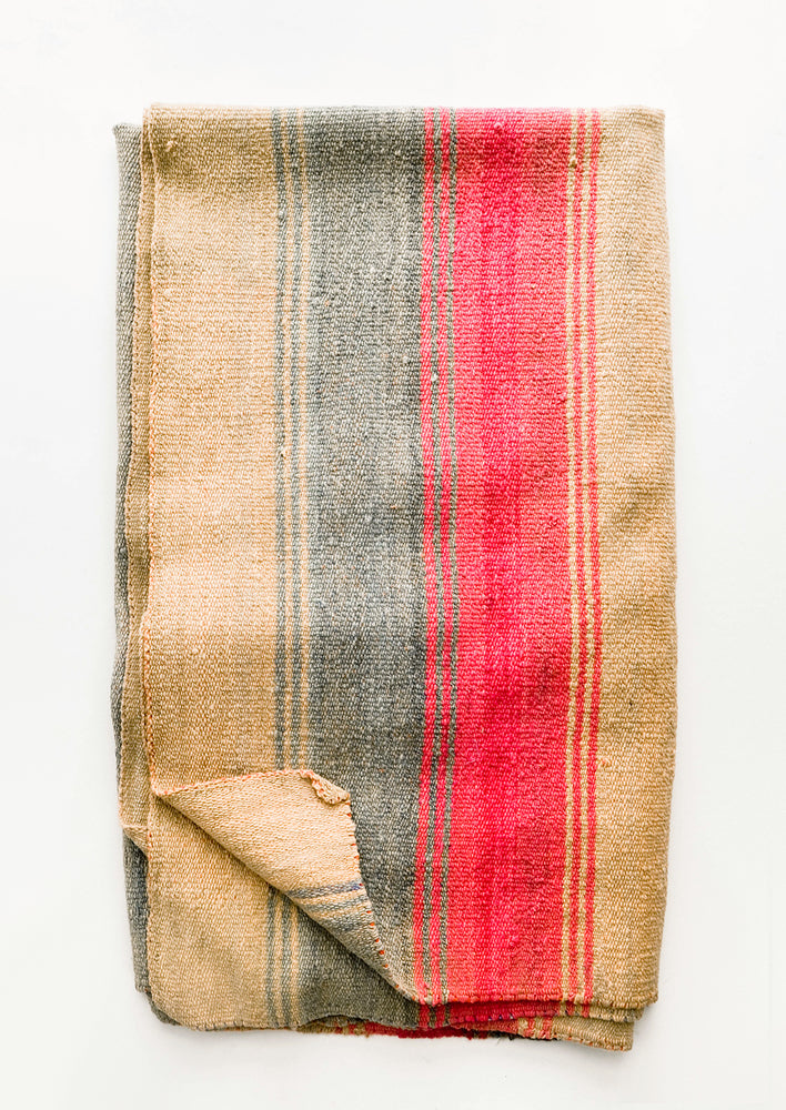 Vintage wool textile in tan, pink & mint striped pattern