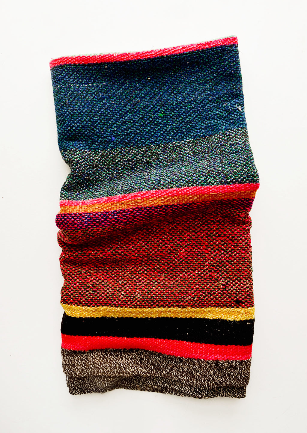 1: Vintage wool textile in striped pattern in a mix of blue, pink, black and yellow
