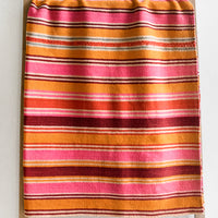 1: A vintage textile in thin pink, orange and burgundy stripe.