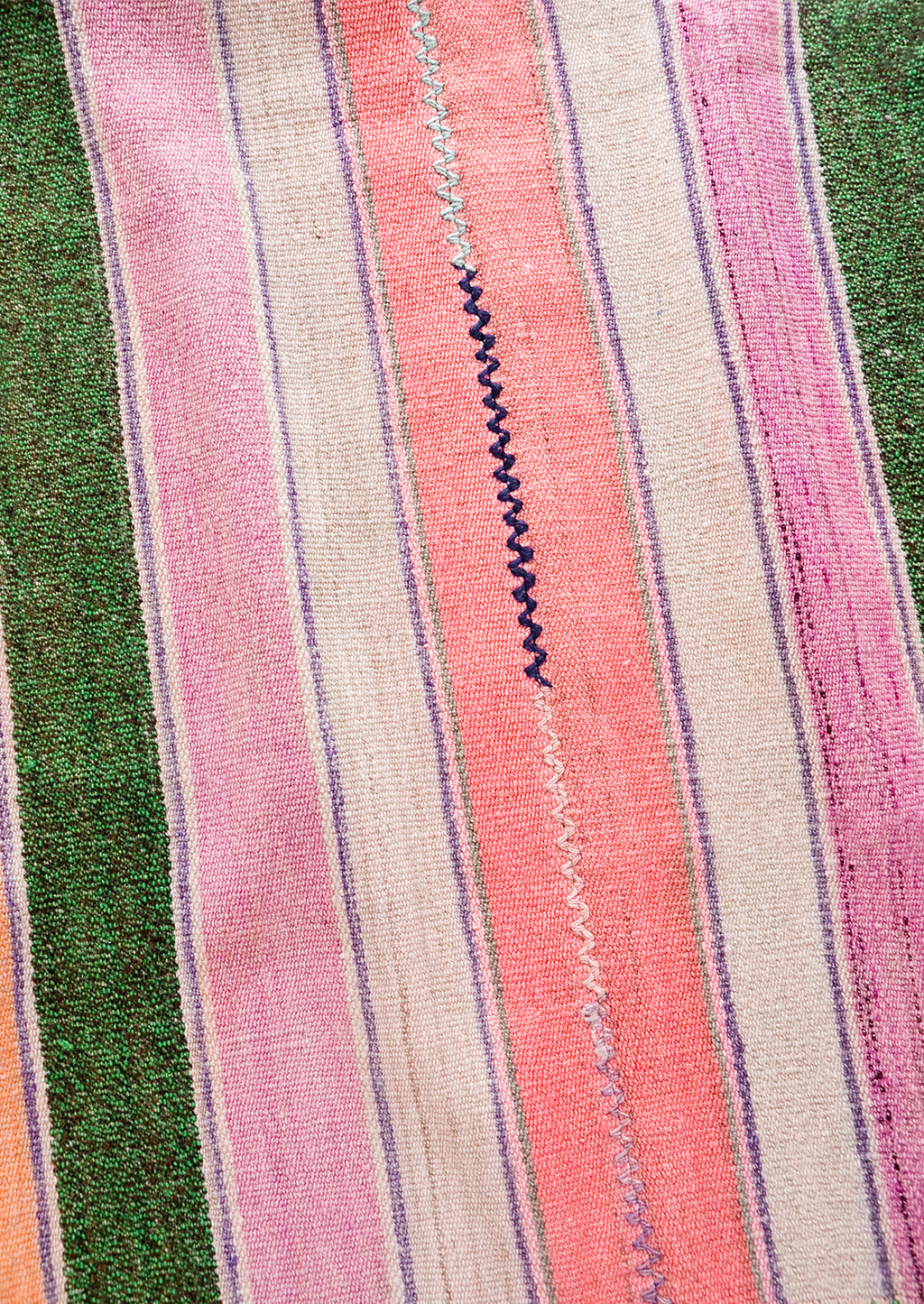 3: Wool textile in multicolor striped pattern with zigzag stitch detail at center