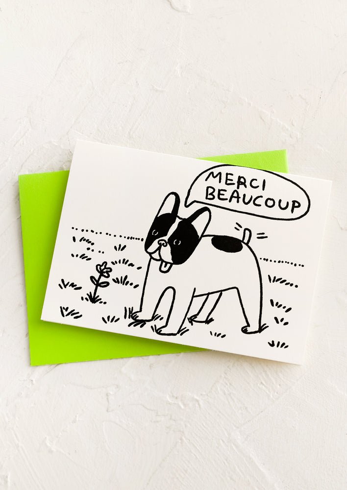 1: A card with sketch of french bulldog saying "Merci beaucoup".
