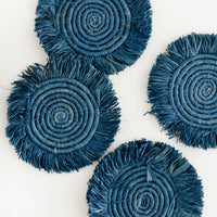 Coastal Blue: Set of 4 Circular Raffia Coasters with Fringed Trim in Coastal Blue
