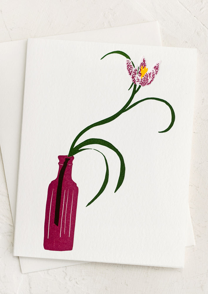 A letterpress card with Fritillaria in vase.