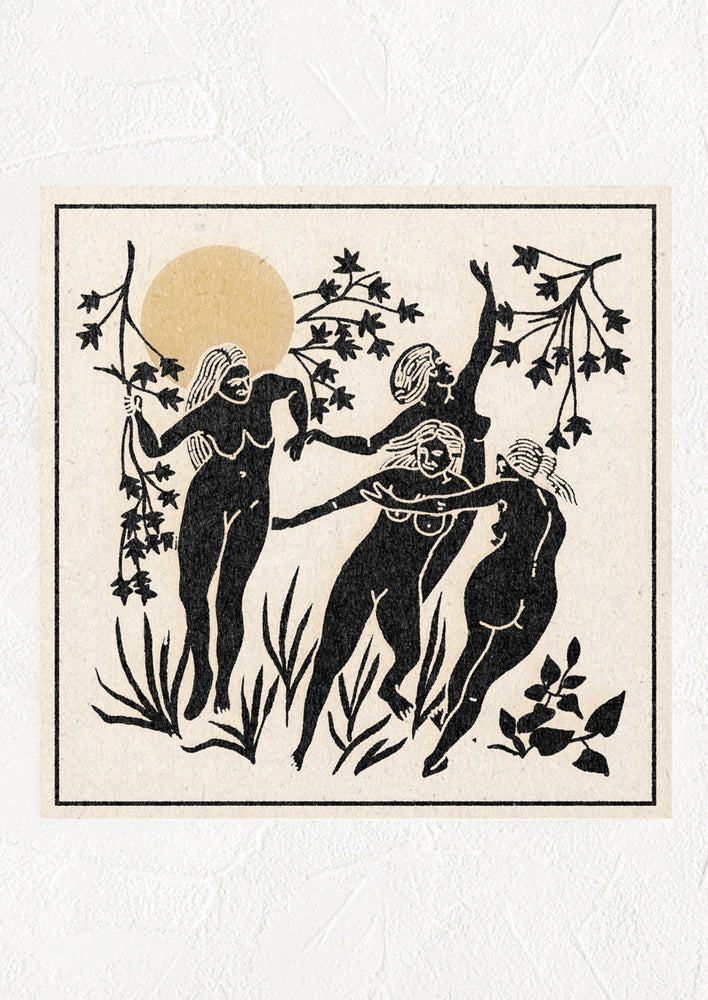 1: Art print with primitive image of naked women with greenery and sun.