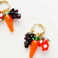 1: Gold hoop earrings with grape, carrot and strawberry charms.
