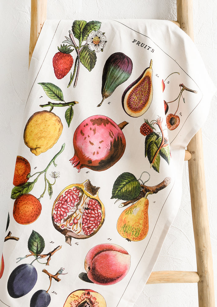 A cotton tea towel with full color fruit print.
