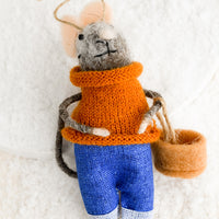 Basket: A felted mouse ornament wearing a sweater and holding a basket.