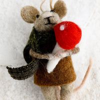 Mushroom: A felted mouse ornament wearing a scarf and holding a red mushroom.