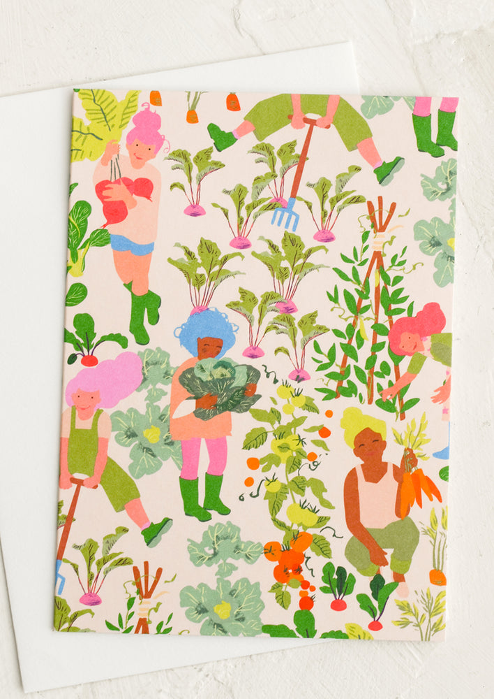 Greeting cards with colorful and cartoon-y women gardening print.