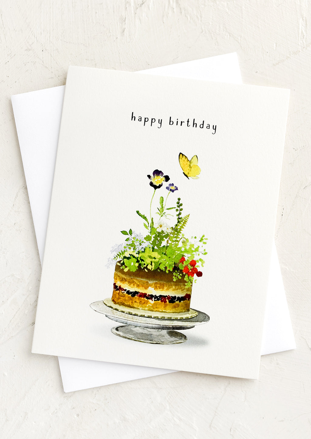 1: A greeting card with illustration of floral cake, text above reads "happy birthday".