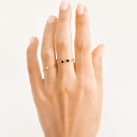 4: Model shot of hand wearing two gold rings with stones.