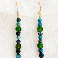 Turquoise Multi: A pair of turquoise and green beaded mixed gemstone earrings in a straight line.