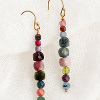Colorful Multi: A pair of multicolor beaded mixed gemstone earrings in a straight line.