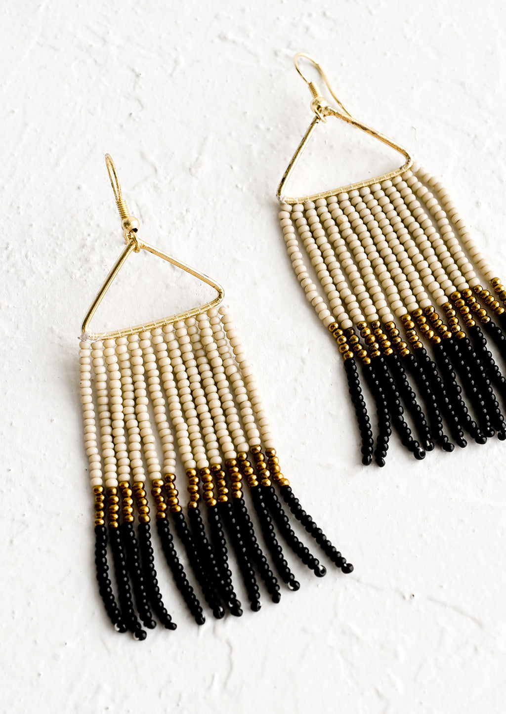 Black / Gold Multi: Beaded earrings with triangular metal frame and fringed beads below in colorblock pattern.