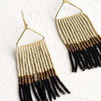 Black / Gold Multi: Beaded earrings with triangular metal frame and fringed beads below in colorblock pattern.