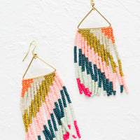 Brights Multi: A pair of statement earrings with triangle metal top and fringe beads below.