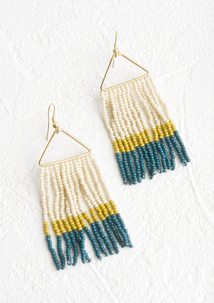 Citron / Teal Multi: Beaded earrings with triangular metal frame and fringed beads below