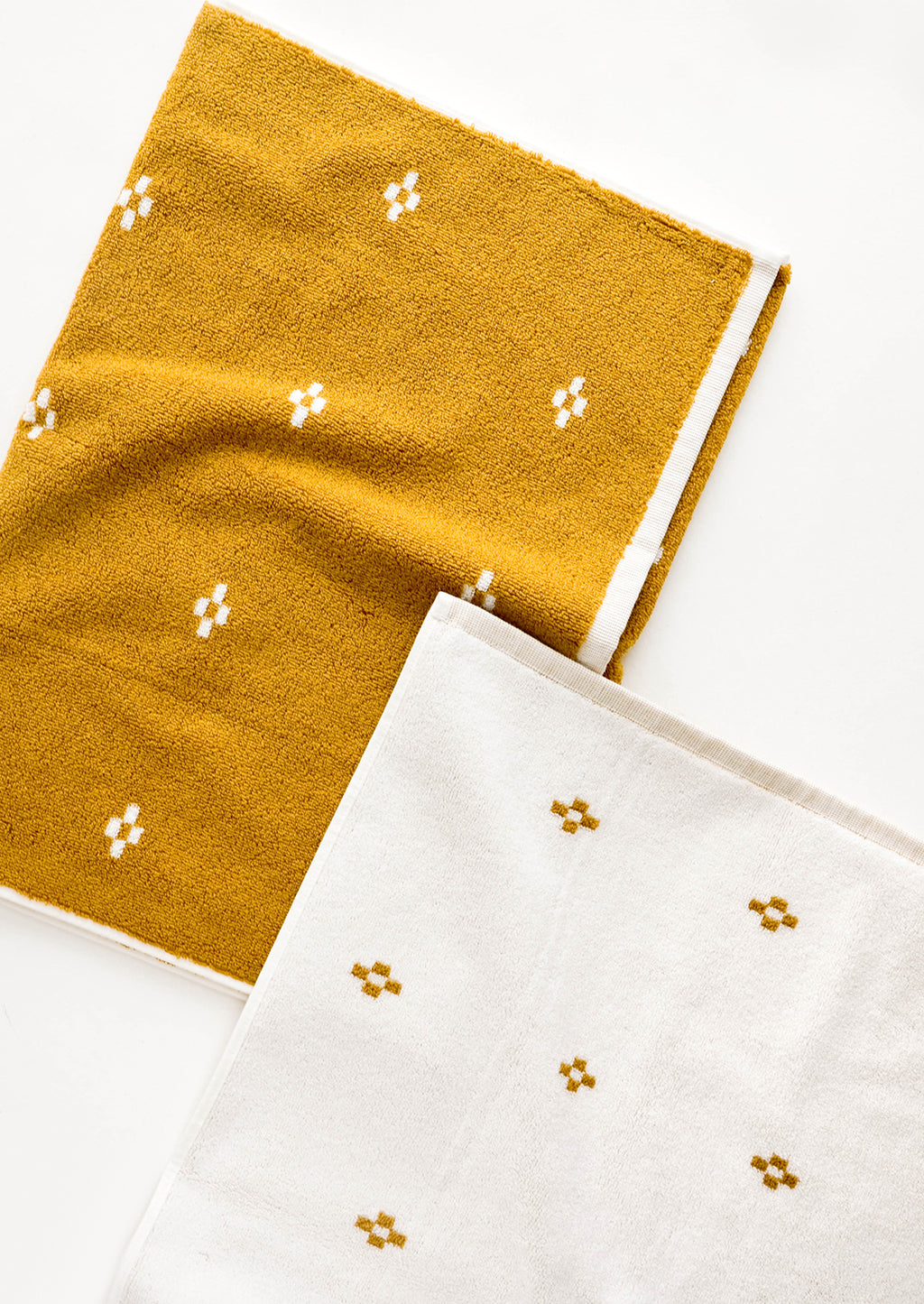 Ochre Geo / Bath Towel: Terrycloth towel set in jacquard design, mustard with geometric print
