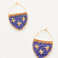 Regal Blue: Delicate gold drop earrings with a field of blue glass beads featuring three gold equal-armed cross designs.