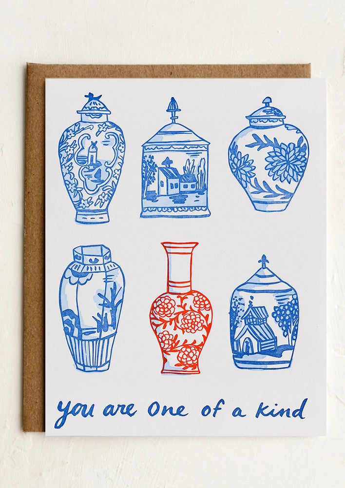 1: A greeting card with images of ginger jars and text reading "You are one of a kind".