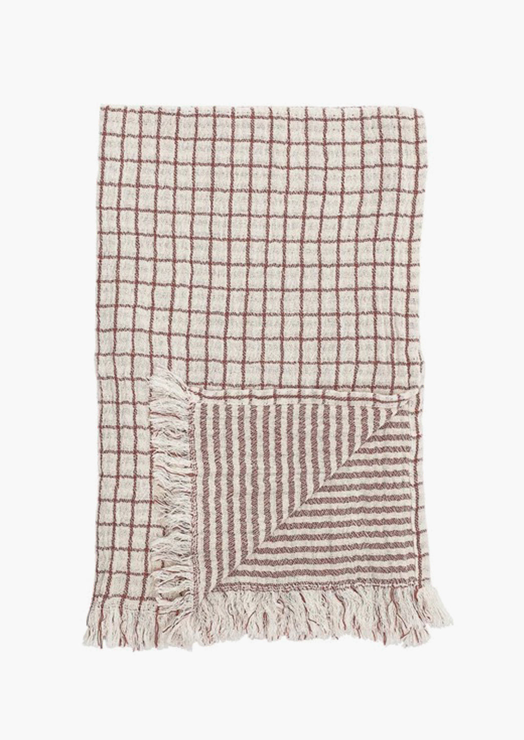 Garnet Gingham: A gingham tea towel in red check with striped reverse side.