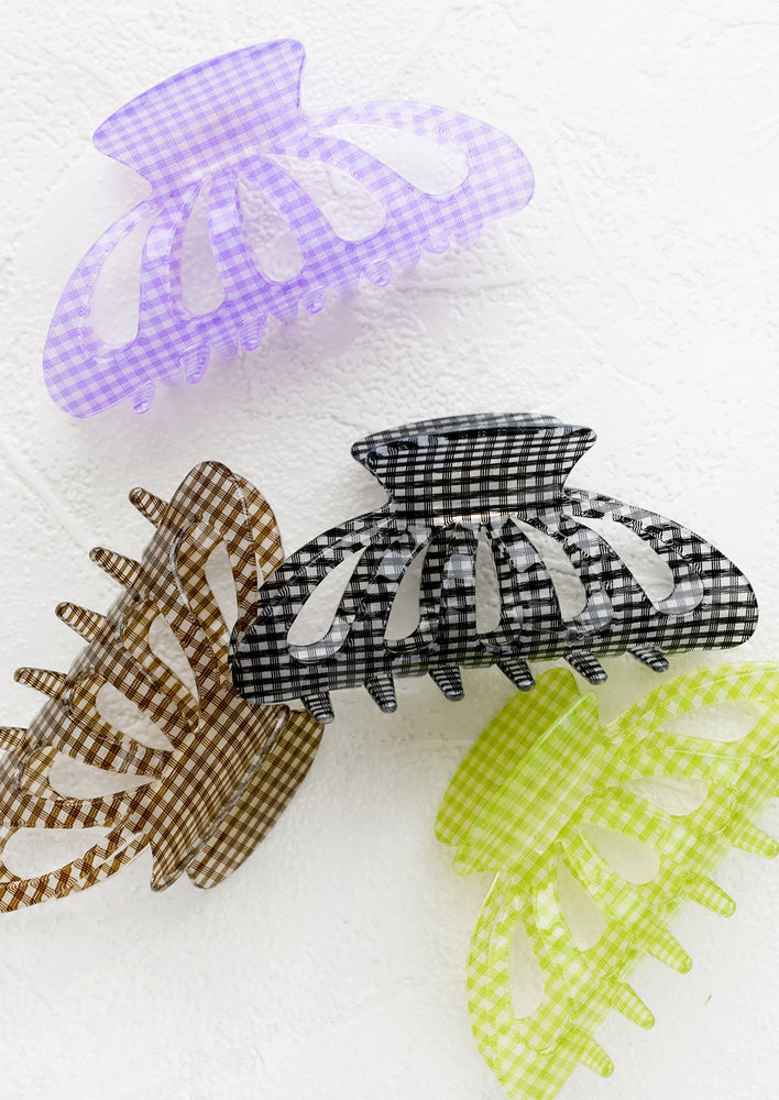 Gingham print hair claws in assorted colors.