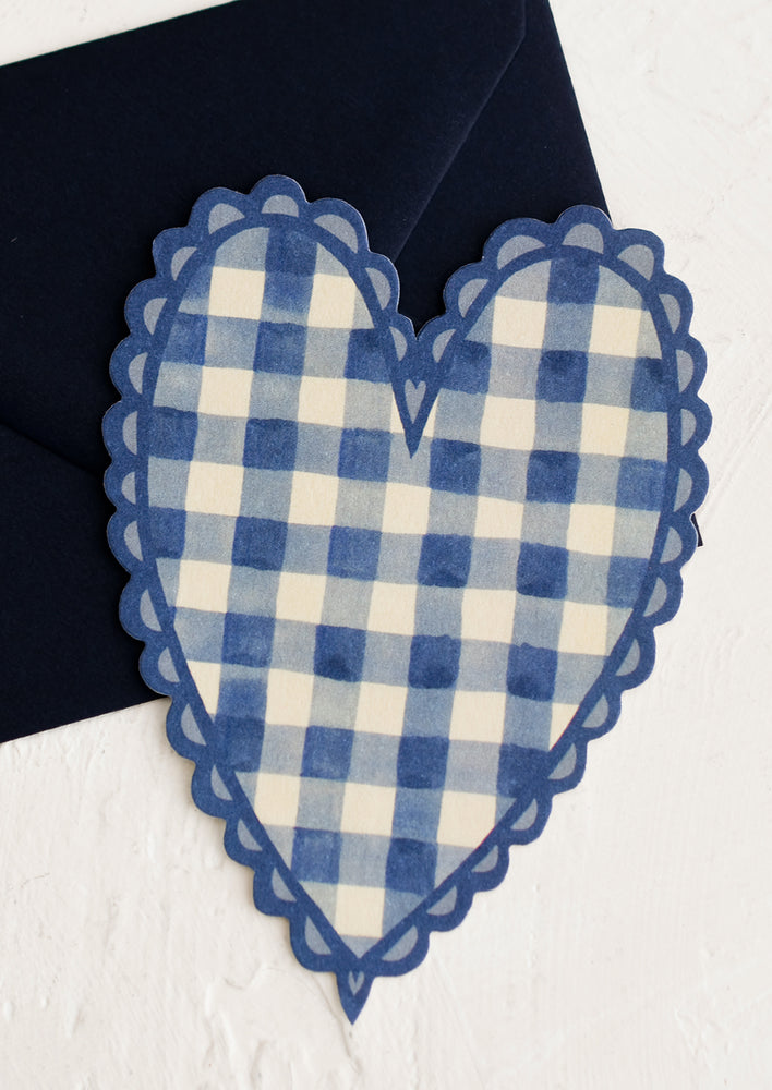 Small / Blue: A heart shaped card in blue gingham print.