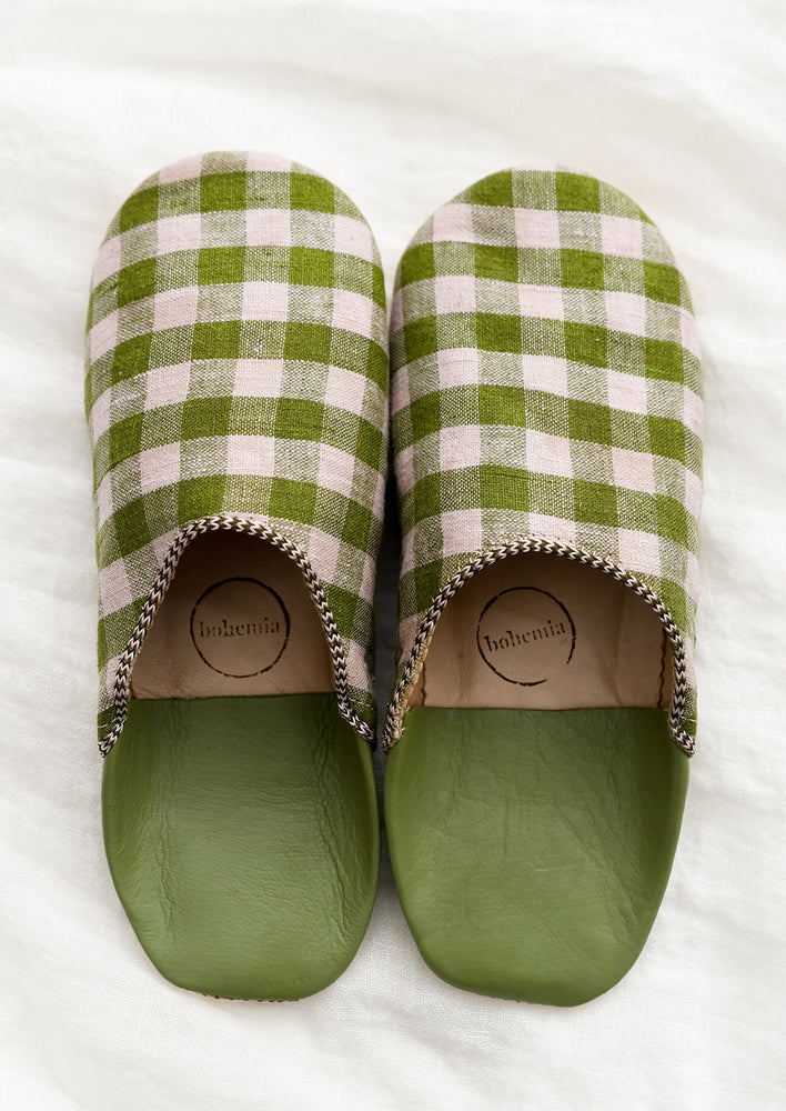 Gingham Linen Leather Slippers hover