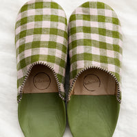 Small / Green Multi: A pair of house slippers in lavender and green gingham fabric.