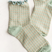 Mint Green: A pair of mint green gingham patterned socks with ankle ruffle.