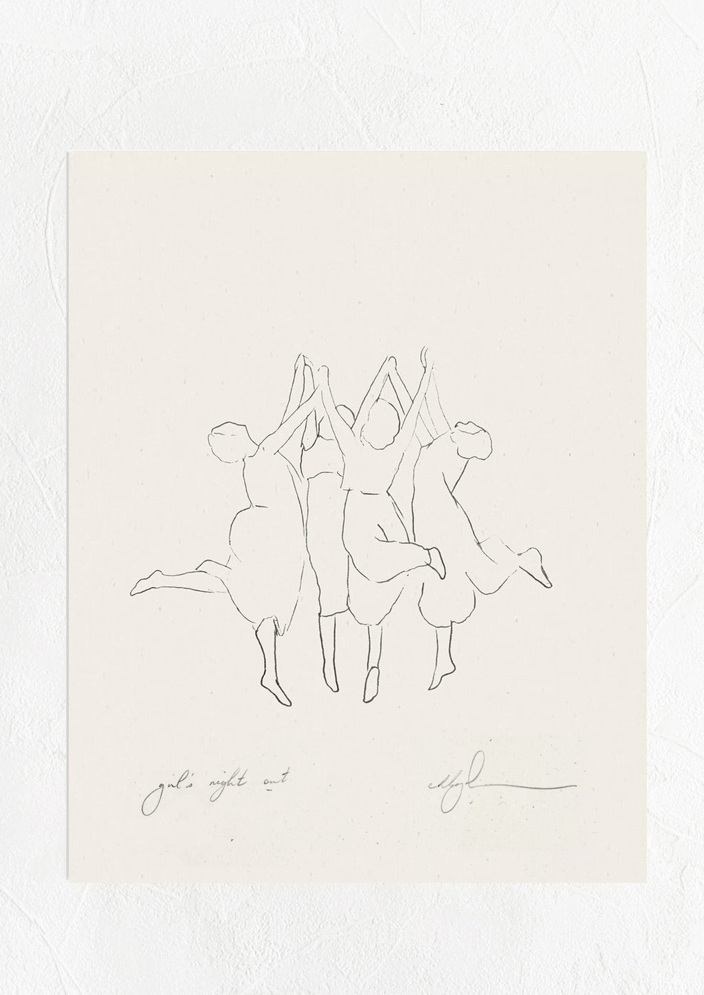 1: An art print with black line drawing of women dancing in a circle.