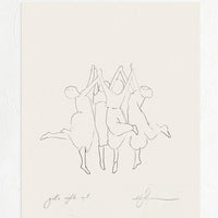 1: An art print with black line drawing of women dancing in a circle.