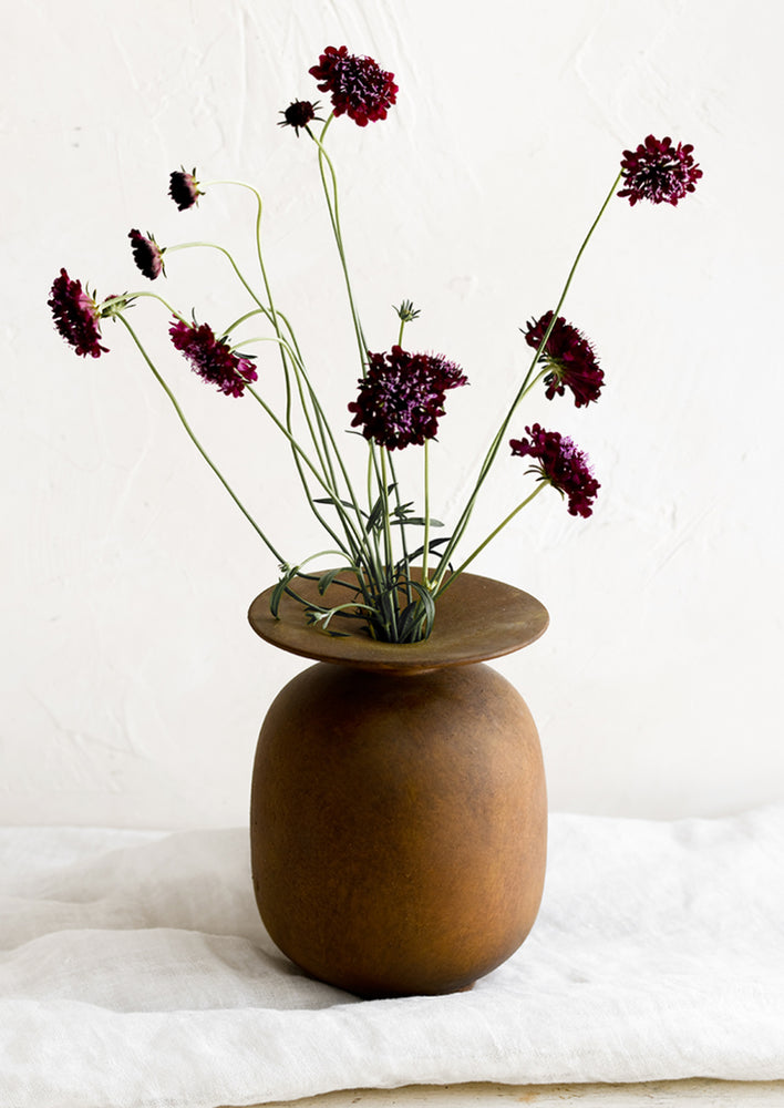 2: Scabious flowers in a brown vase.