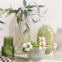 3: An assortment of decorative vases in green and grey glass.