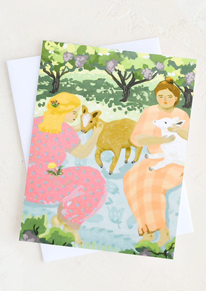 A greeting card with illustration of two women petting goats.