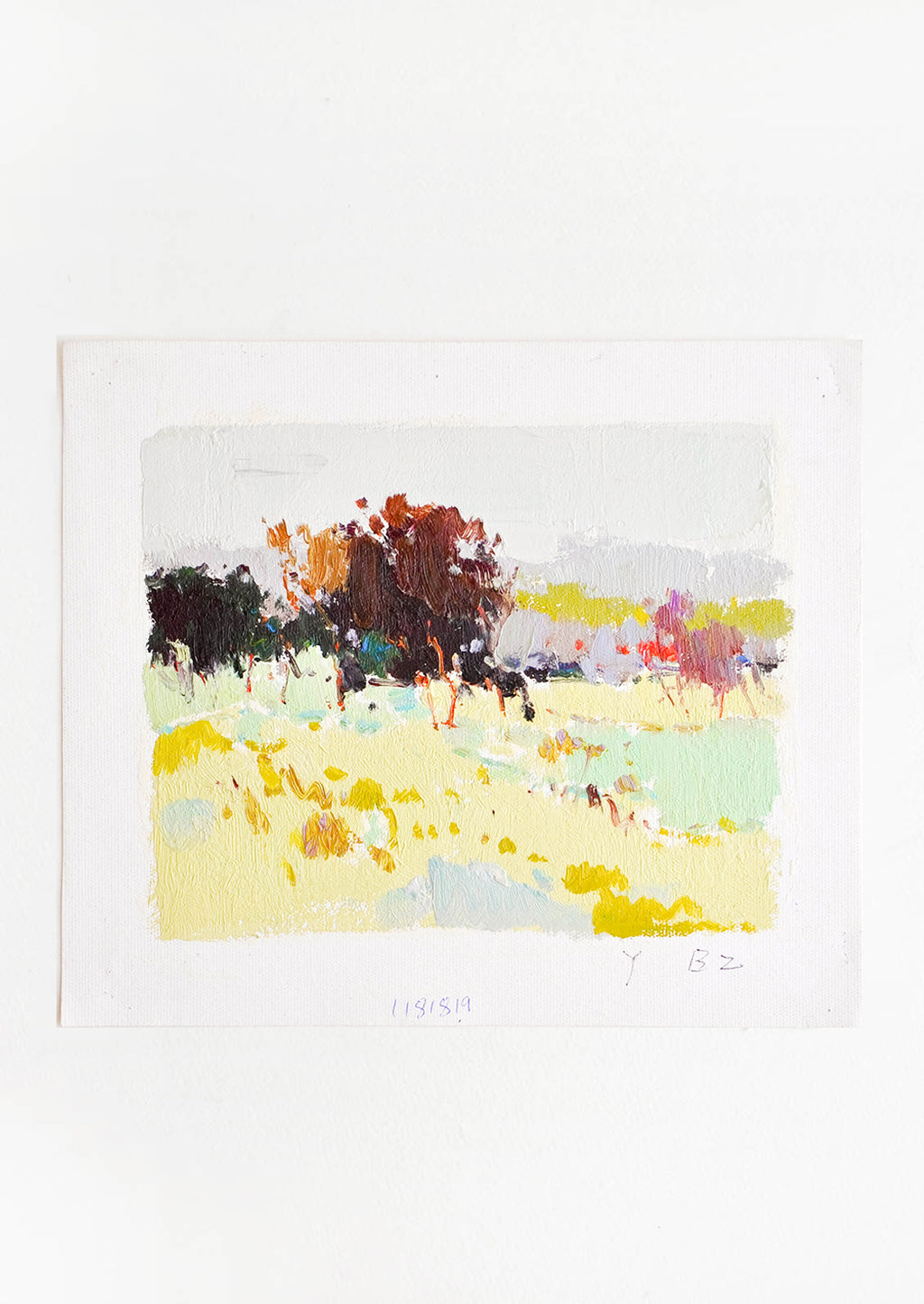 1: An impressionist landscape of yellow fields and maroon trees.