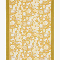2: A gold, grey and white fruit print tea towel.