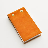 Mustard Suede: Small brown suede notepad with brass grommets.