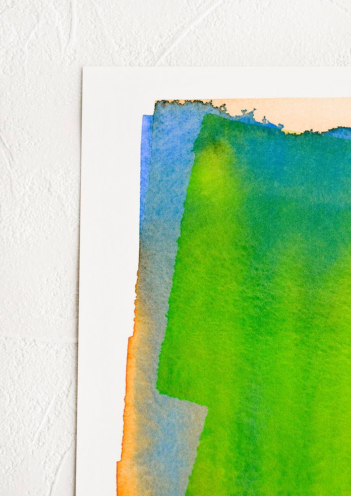 Art print of a watercolor abstract form in green, yellow, blue and orange.