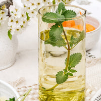 2: A table setting with water in a pitcher with fresh mint leaves.