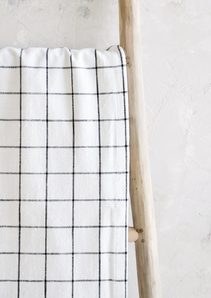 White cotton table runner with black grid check print