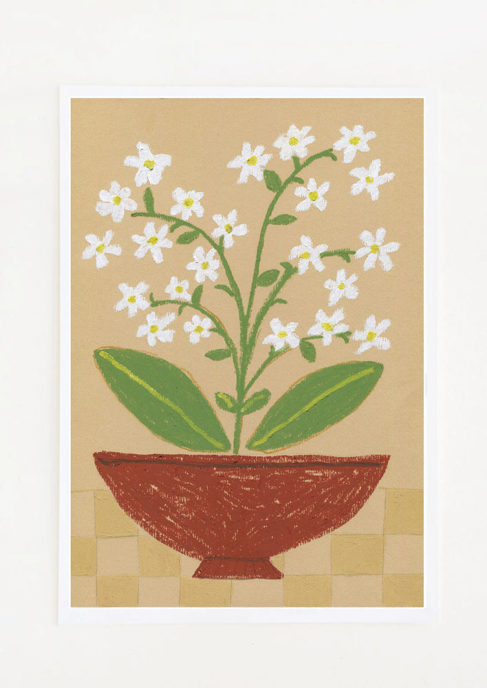 1: An art print of drawing of white flowers in a bowl.