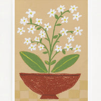 1: An art print of drawing of white flowers in a bowl.