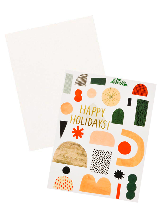 Greeting card with illustrated shapes and "Happy Holidays" written in gold foil.