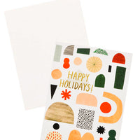 Single Card: Greeting card with illustrated shapes and "Happy Holidays" written in gold foil.
