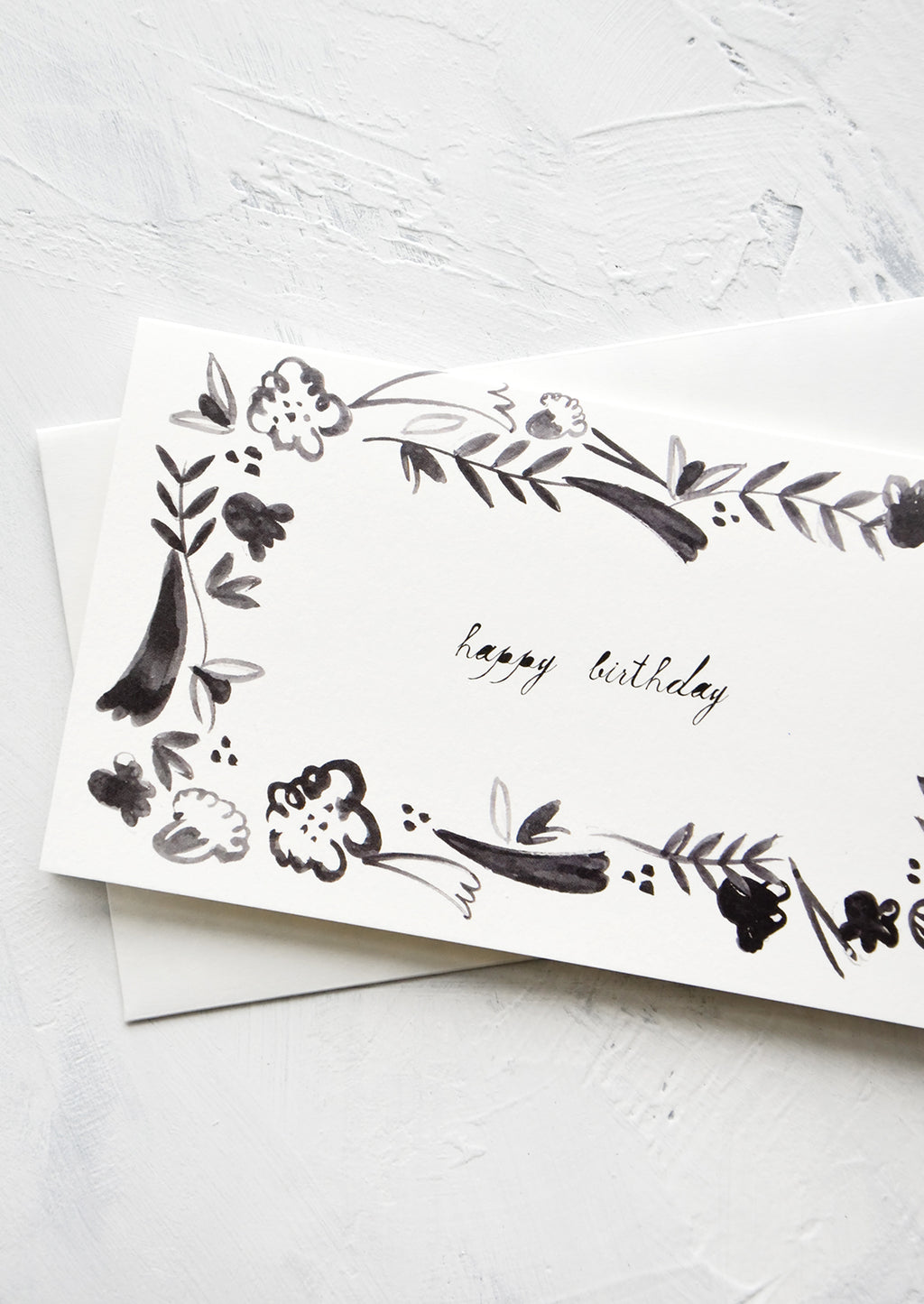 1: Black and white greeting card with floral frame around "happy birthday" script at middle