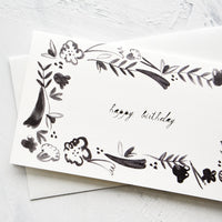 1: Black and white greeting card with floral frame around "happy birthday" script at middle