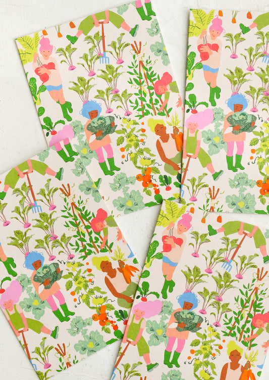 Greeting cards with colorful and cartoon-y women gardening print.